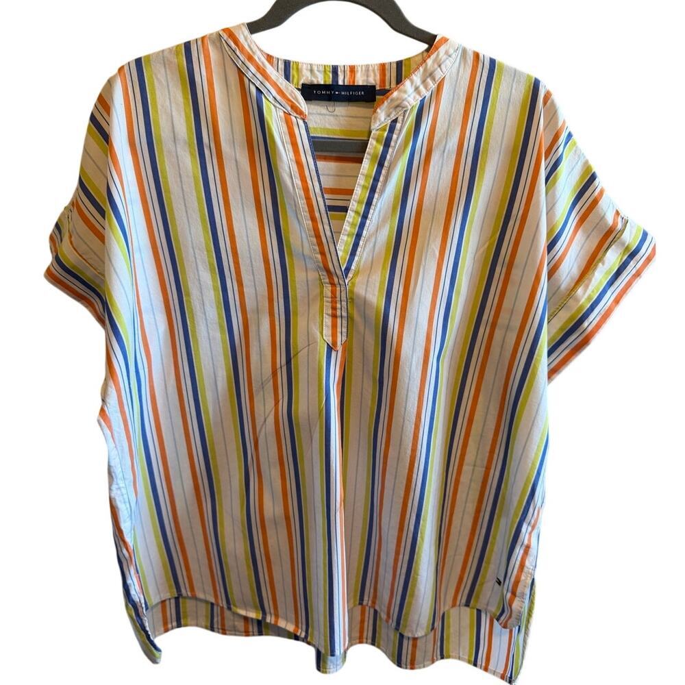 Tommy Hilfiger 100% Cotton V-Neck Tunic White with Stripes Sz L